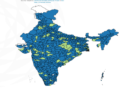 성별과 지역에 따른 인도 총선 당선지도(여성당선자는 녹색, 남성당선자는 청색) *출처: France 24