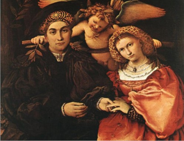 16세기에 활동한 이탈리아의 화가 로젠초 로토가 그린 '마르실리오 카스티와 그의 신부 파우스티나'에서 신랑이 신부의 손에 결혼 반지를 끼워주려고 하고 있다.