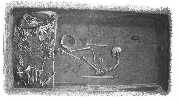 바이킹 여전사 무덤 발굴 당시 현장 스케치(출처-위키피디아, Stolpe, 1889)