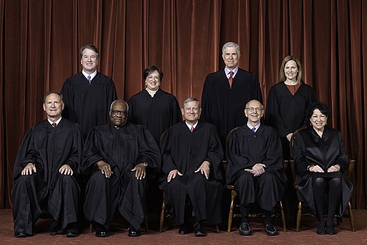존 로버츠 대법원장(앞줄 가운데)을 비롯한 연방대법원의 대법관 9명, 이들 중 6명이 보수셩향이다.(출처-위키피디아)